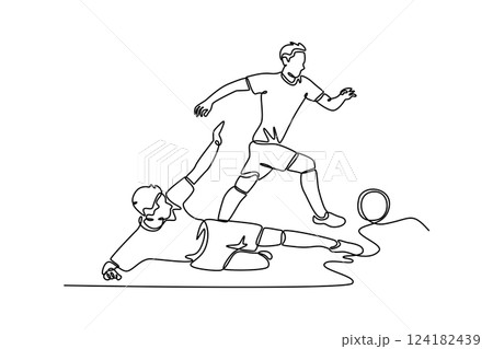 Single continuous line drawing attractive football player midfielder performing jumping to defending ball from opponent player who want to seized it. One line draw graphic design vector illustration Single continuous line drawing attractive football player midfielder performing jumping to defending ball from opponent player who want to seized it. One line draw graphic design vector illustration 124182439