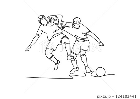 Single continuous line drawing two competitive energetic football player fighting for the ball at game play. Soccer league competition match. Dynamic one line draw graphic design vector illustration 124182441