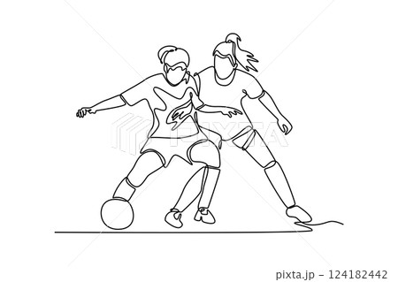 Single continuous line drawing two beautiful female football player fighting for the ball at game play. Woman soccer league competition match. Dynamic one line draw graphic design vector illustration 124182442