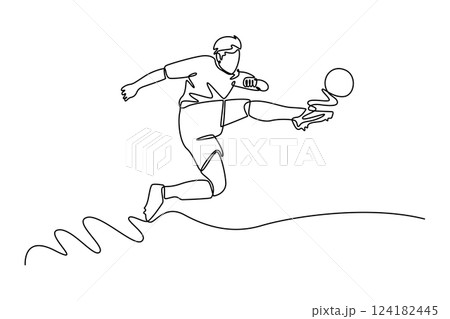 Single one line drawing of active male football player shooting on goal performing bicycle kick. Soccer competition match sports concept. Modern continuous line draw design graphic vector illustration 124182445
