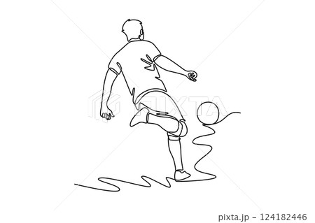 Single one line drawing back view of male football midfielder make move to control and dribbling ball. Soccer league competition concept. Modern continuous line draw design graphic vector illustration 124182446