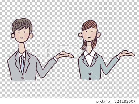 スーツ姿で案内する若い男女のイラスト 124182607