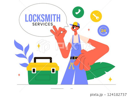 Locksmith Vector Illustration Featuring a Repairman for Home Maintenance, Repair, and Installation Services with Tools like a Screwdriver and Key 124182737