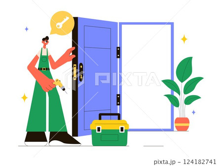 Locksmith Vector Illustration Featuring a Repairman for Home Maintenance, Repair, and Installation Services with Tools like a Screwdriver and Key Locksmith Vector Illustration Featuring a Repairman for Home Maintenance, Repair, and Installation Services with Tools like a Screwdriver and Key 124182741