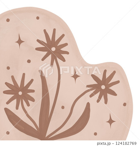 Hand drawn illustration of mocha mousse beige brown flowers leaves branch in curved modern shape outline. Minimalist floral garden design, bloom for cards invitations, elegant foliage plant nature 124182769