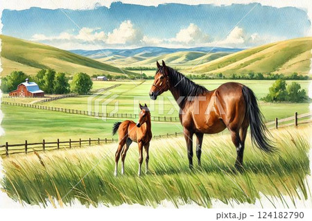 牧場の風景・サラブレッドの親子 牧場の風景・サラブレッドの親子 124182790