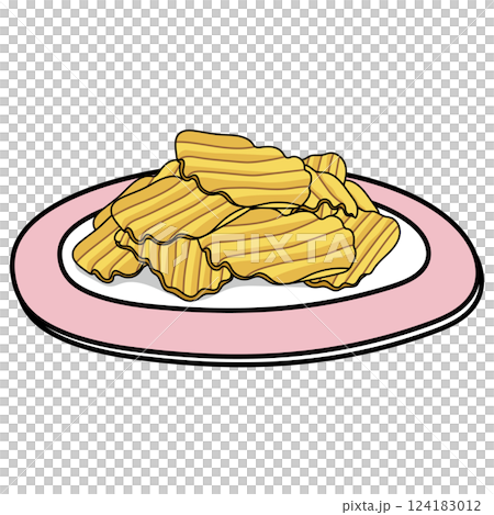 ピンクのお皿に乗ったギザギザのポテトチップス 124183012