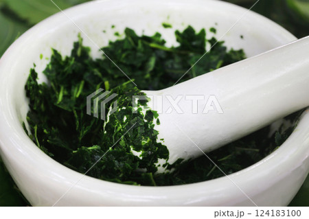 Medicinal neem leaves crushing in a mortar Medicinal neem leaves crushing in a mortar 124183100