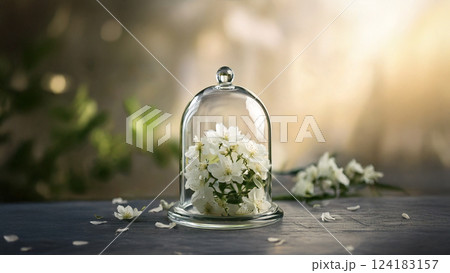 ガラスドームの中に入った純白の花 124183157