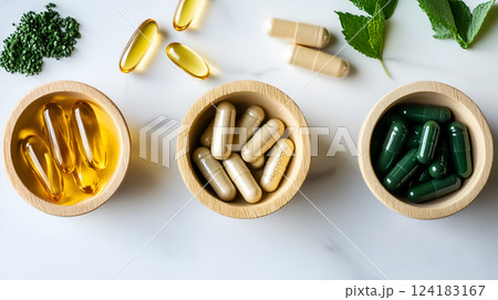 Assortment of Supplements, Vitamins, and Capsules for Health and Wellness 124183167