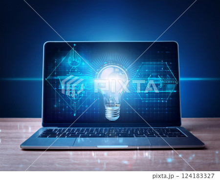 Creative light bulb hologram on modern laptop monitor. Concept of idea. AI Generated. 124183327