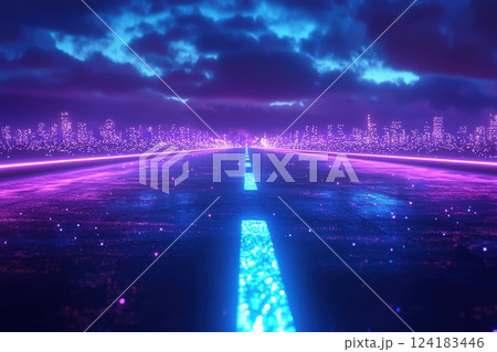 Vibrant neon road leading towards a futuristic cityscape under dynamic clouds Vibrant neon road leading towards a futuristic cityscape under dynamic clouds 124183446