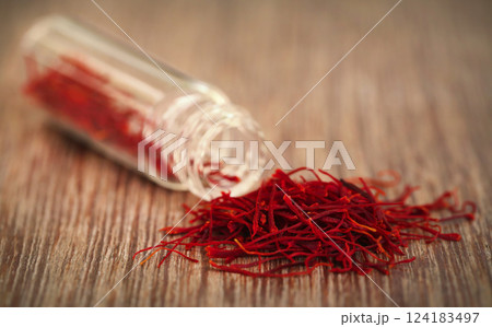 Closeup of Saffron in bottle Closeup of Saffron in bottle 124183497