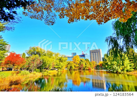 秋晴れの札幌市中島公園　紅葉風景 124183564