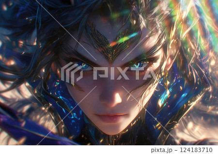 鋭い眼差しの幻想的な戦士のクローズアップ 鋭い眼差しの幻想的な戦士のクローズアップ 124183710