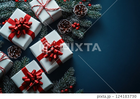 White gift boxes with red bows amid Christmas decorations on dark background White gift boxes with red bows amid Christmas decorations on dark background 124183730