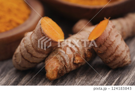Raw turmeric with powder 124183843