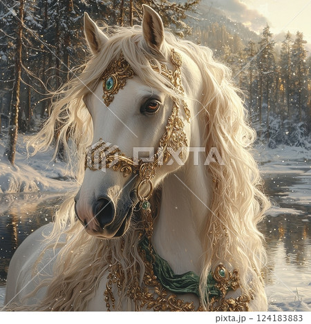 Elegant White Horse With Ornate Decorations in a Winter Forest Setting Elegant White Horse With Ornate Decorations in a Winter Forest Setting 124183883
