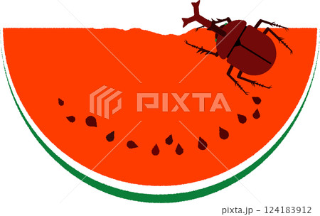 カットしたスイカを食べるカブトムシ カットしたスイカを食べるカブトムシ 124183912