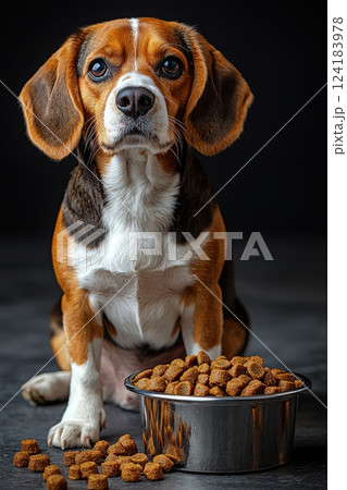 Beagle Sitting Beside a Full Bowl of Kibble on Gray Surface 124183978