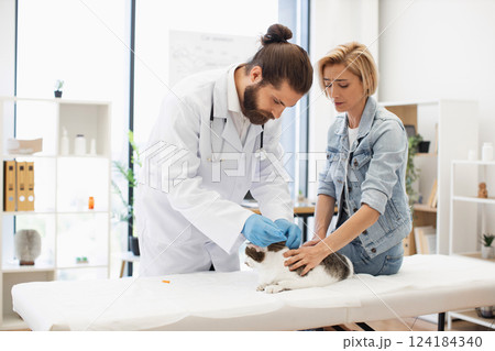 Male veterinarian with beard vaccinates cat while blond woman observes in bright clinic setting. Male veterinarian with beard vaccinates cat while blond woman observes in bright clinic setting. 124184340