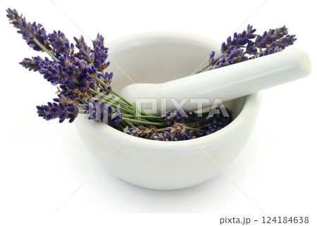 Lavender flower in a mortar with pestle Lavender flower in a mortar with pestle 124184638