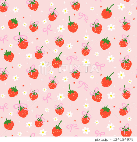 Coquette Spring Flower Strawberries with Pink Bow Seamless Pattern isolated on background 124184979