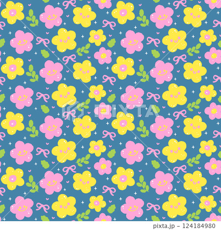 Cute Spring Flowers Seamless Pattern Smiley Flowers wallpaper isolated on background Cute Spring Flowers Seamless Pattern Smiley Flowers wallpaper isolated on background 124184980