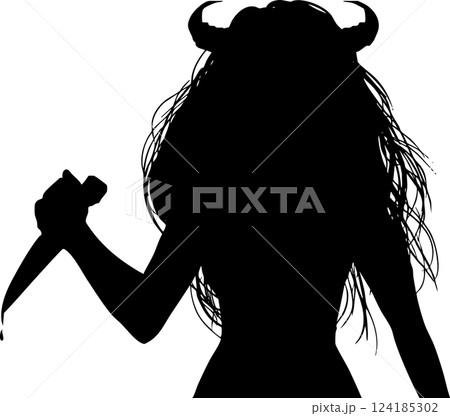 髪を振り乱しツノが生えた鬼女がナイフで威嚇するモノクロ切り絵風カットイラスト 髪を振り乱しツノが生えた鬼女がナイフで威嚇するモノクロ切り絵風カットイラスト 124185302