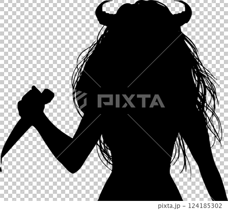 髪を振り乱しツノが生えた鬼女がナイフで威嚇するモノクロ切り絵風カットイラスト 髪を振り乱しツノが生えた鬼女がナイフで威嚇するモノクロ切り絵風カットイラスト 124185302