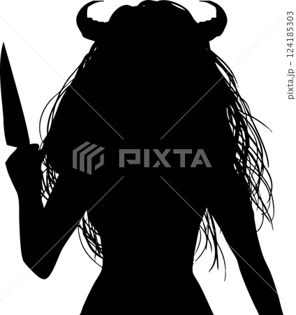髪を振り乱しツノが生えた鬼女がナイフで威嚇するモノクロ切り絵風カットイラスト 124185303