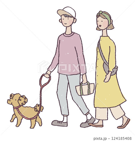 犬の散歩をする男女のイラスト 124185408