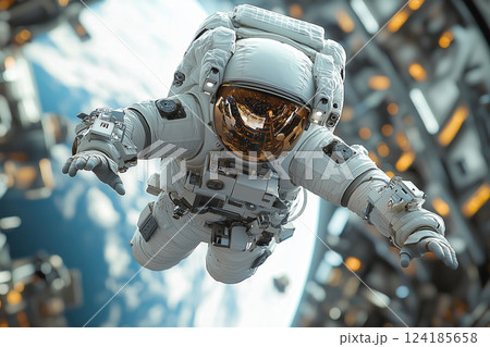 宇宙空間を漂う宇宙飛行士のダイナミックなクローズアップ 124185658