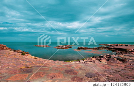 Picturesque small town Gudhjem in Bornholm, Denmark 124185909