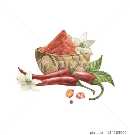 Wooden bowl with ground red chili pepper, leaves, flowers, pieces of pepper fruits. The illustration with spices is hand-painted in watercolor in a botanical style. For packaging, tableware, textiles 124185962