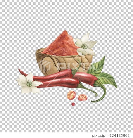 Wooden bowl with ground red chili pepper, leaves, flowers, pieces of pepper fruits. The illustration with spices is hand-painted in watercolor in a botanical style. For packaging, tableware, textiles 124185962