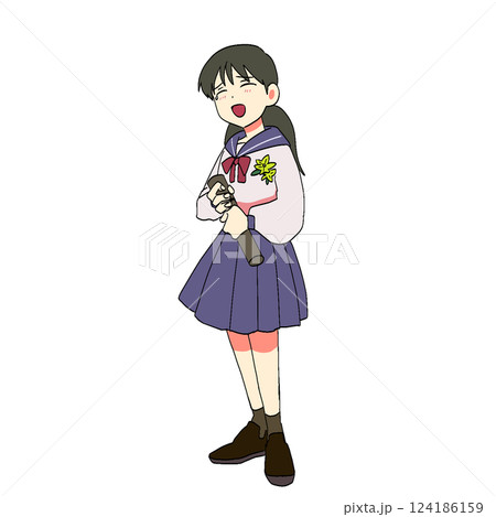 卒業証書を持つ笑顔で涙する制服の女の子 124186159