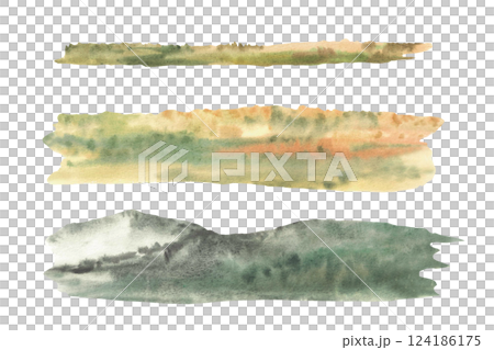 Watercolour fields, silhouettes of distant trees, hills or the mountains on the horizon for landscape Yellow, green, orange horizontal gradient. Hand drawn isolated from background illustration 124186175