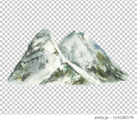 Mountain ranges landscape. Zugspitze mountain in Germany. Watercolor hand drawn illustration near Garmisch Partenkirchen with mountain peaks. Tradition Symbol of Bavaria isolated from background. 124186176