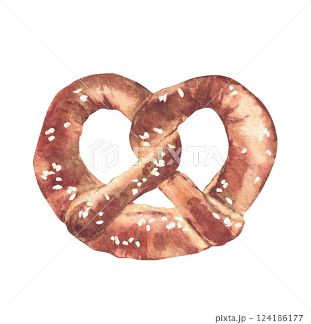 Pretzel. Traditional German bretzzel. Watercolor hand drawn bretzel with salt. Bread product, appetizer in Bavaria at the Oktoberfest beer festival for menu print isolated from background illustration 124186177