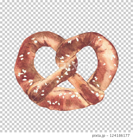Pretzel. Traditional German bretzzel. Watercolor hand drawn bretzel with salt. Bread product, appetizer in Bavaria at the Oktoberfest beer festival for menu print isolated from background illustration 124186177