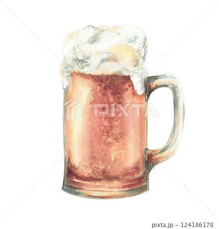 Beer mug with light beer and foam. Masses or litre of beer, pint of ale, traditional Oktoberfest Germany Bavaria holiday drink. Watercolor painted illustration. Card, sticker isolated from background 124186178