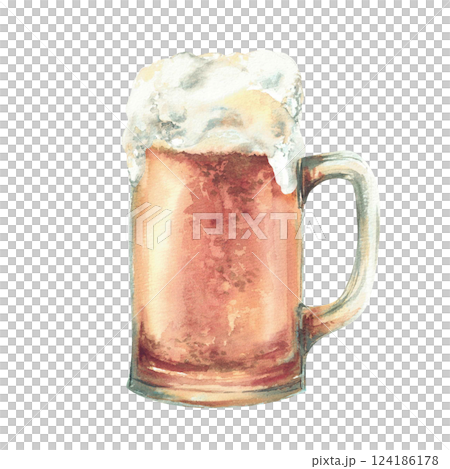 Beer mug with light beer and foam. Masses or litre of beer, pint of ale, traditional Oktoberfest Germany Bavaria holiday drink. Watercolor painted illustration. Card, sticker isolated from background 124186178