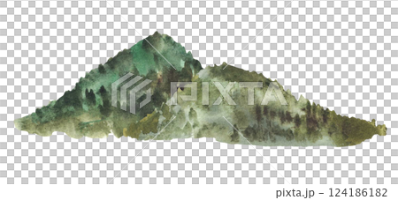 Watercolor forested mountains, hills, silhouettes of distant trees for landscape design. Green, brown nature mountainous landscape. Hand drawn isolated from background illustration for your postcard 124186182