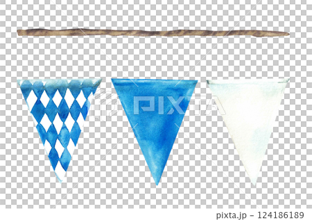 Flags on the rope Blue, rhombus and white triangular pennant set. Oktoberfest beer festival traditional garland. Watercolor painted illustration. Elements of the Bavarian flag Isolated from background Flags on the rope Blue, rhombus and white triangular pennant set. Oktoberfest beer festival traditional garland. Watercolor painted illustration. Elements of the Bavarian flag Isolated from background 124186189