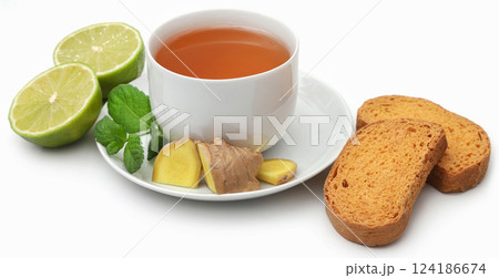 Herbal tea with toast as breakfast 124186674