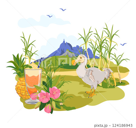 Mauritius landscape and famous landmarks of the island in flat style. Vector sugar cane, Mount Peter, endemic extinct bird Dodo, flowers of Mauritius trochetia boutoniana, pineapple, falooda cocktail. 124186943