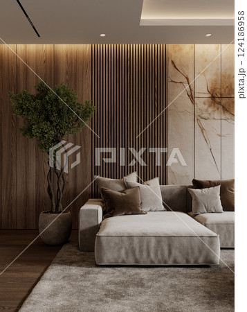 Contemporary interior with sofa, brown wood wall panels, potted tree. 3d render illustration mockup. 124186958