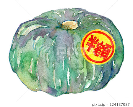水彩イラスト　半額シールが貼られたかぼちゃ 124187087