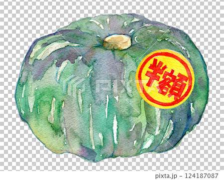 水彩イラスト　半額シールが貼られたかぼちゃ 124187087